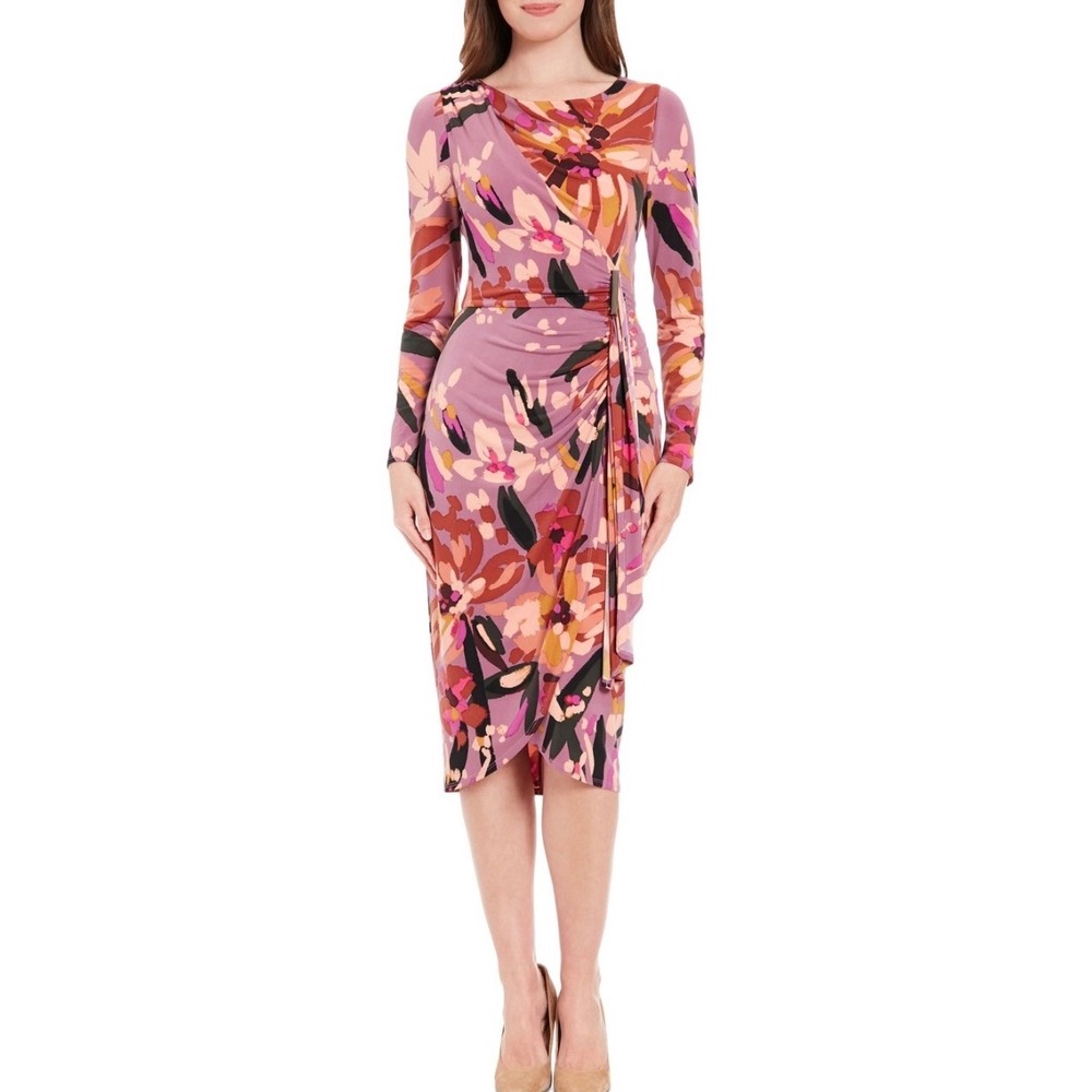 London Times Orchid Multi Floral Faux Wrap Midi Dress T7598M Size 8 NWT